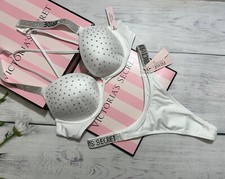 Victorias Secret Shine Strap Swim Bombshell Add-2-cup Rhinestone Thong Set White