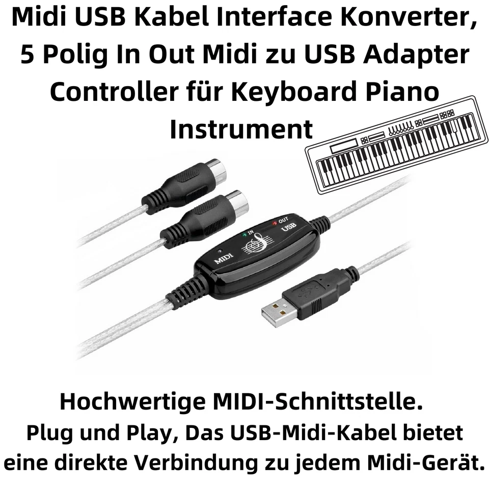 B60 Midi USB Kabel Interface Konverter 5 Polig In Out Midi zu USB Adapter 2m - Bild 2 von 4