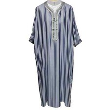 Men's Moroccan Grey Striped 3 Quarter Sleeves Thobe Jubba Kandorah Dishdasha