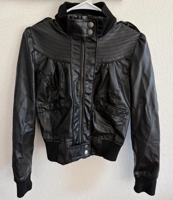 Vintage Miley Cyrus Max Azria Black Bomber Women Size Small Leather Jacket - Image 1 of 4
