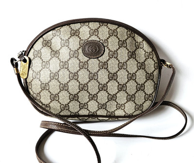 Vintage Gucci Small Domed Crossbody Bag Monogram GG Brown Leather