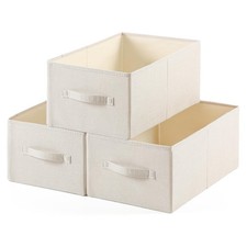 Linen Folding Storage Bins 3 Pack Large Baskets Washable Handle 18x11x8 Beige