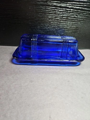Cobalt Blue Criss Cross Butter Dish 1/4 Stick Depression Glass