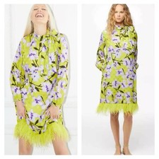 Carolina Herrera Silk Mini Dress M Feathers Long Sleeve Green Floral Neck Tie