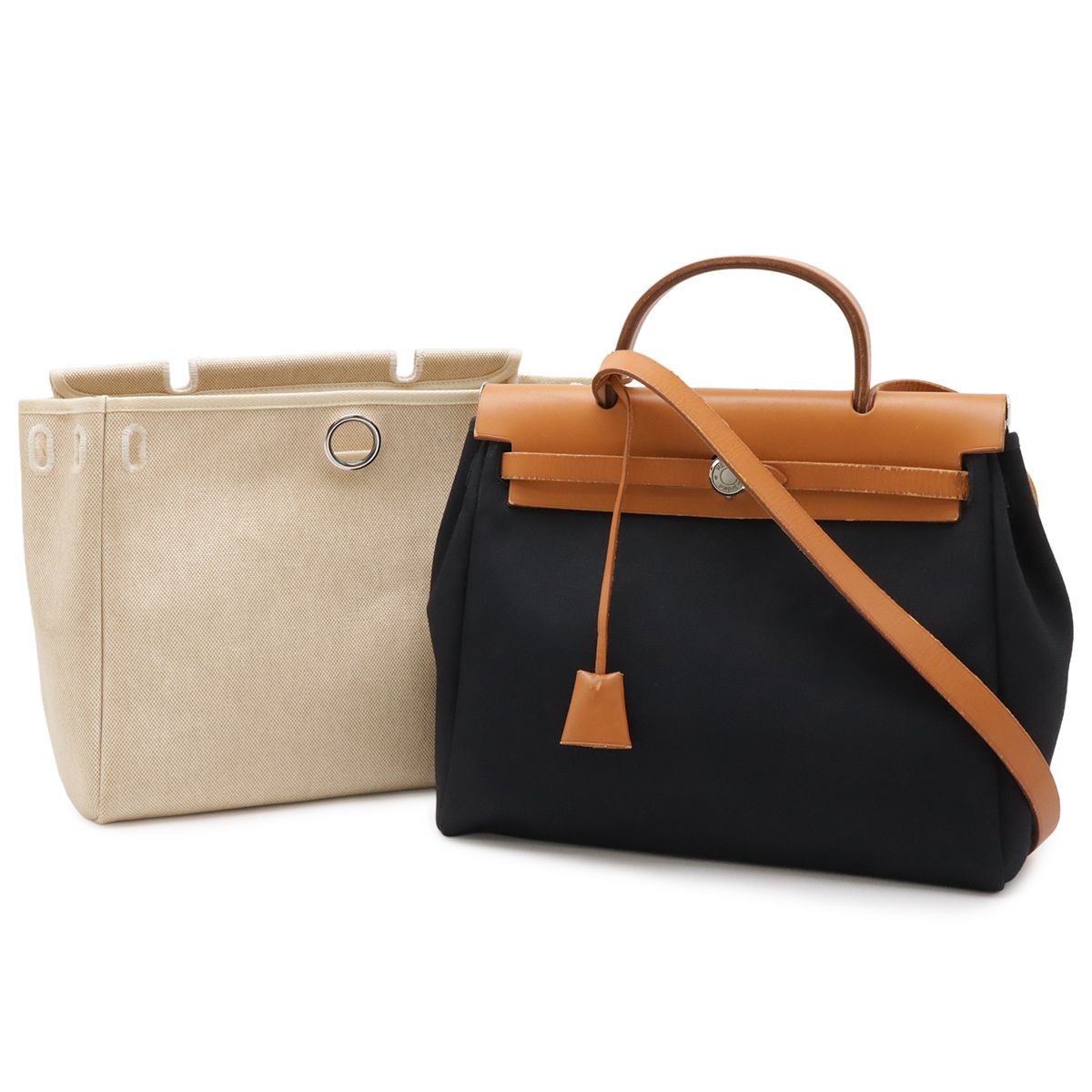 HERMES Herbag PM 2WAY Shoulder Bag Toile Officier Leather Black E 