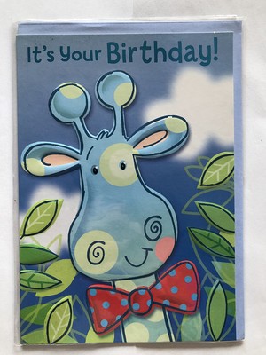 Offene Happy Birthday Karte männlich blaue Giraffe leuchtend rot Fliege jung