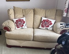 Beige Fabric 2-Seater Sofa Rolled Arms Floral Cushion Back and arm chair