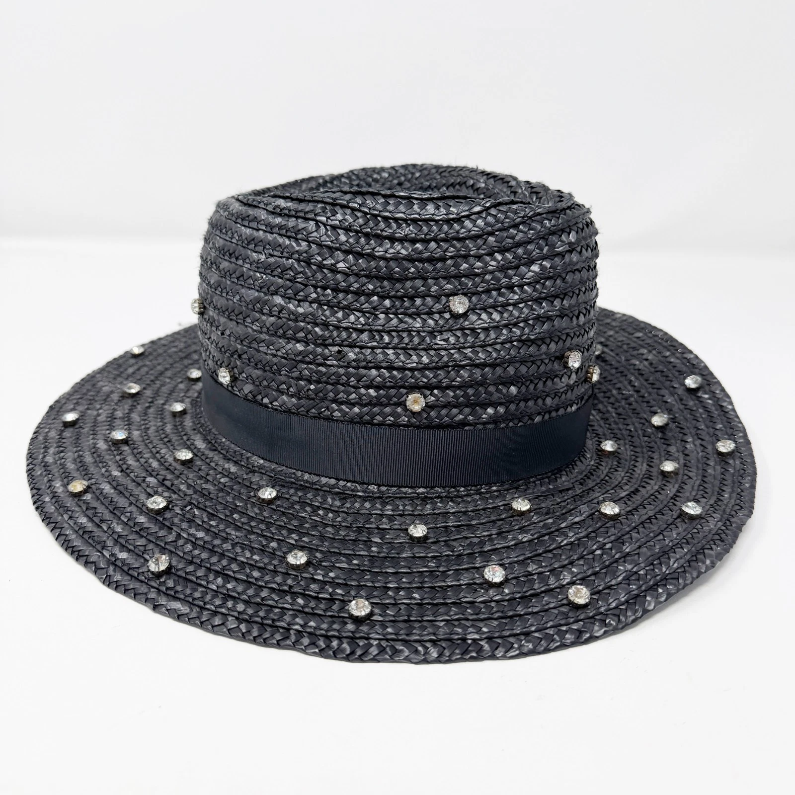 Steve Madden Black Rhinestone Encrusted Straw Hat One Size Summer Beach Vacation