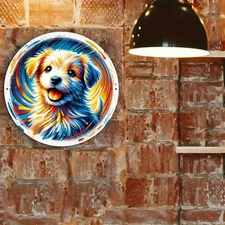 8x8inch Round Dog Theme Wall Art- Bright Retro Aluminum Metal Painting W/Playful