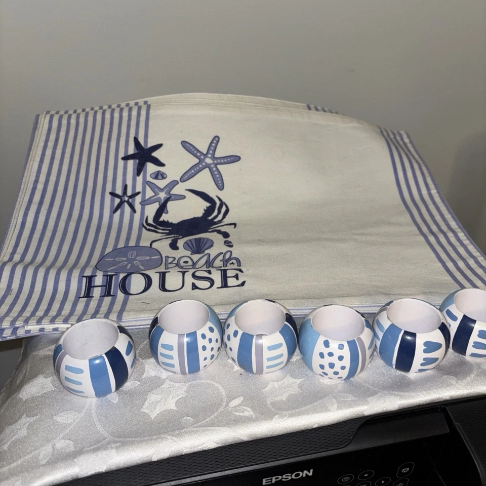 Manteles individuales reversibles para casa de playa azul/blanco madera pintados anillos de servilleta usados Foto 4 de 4