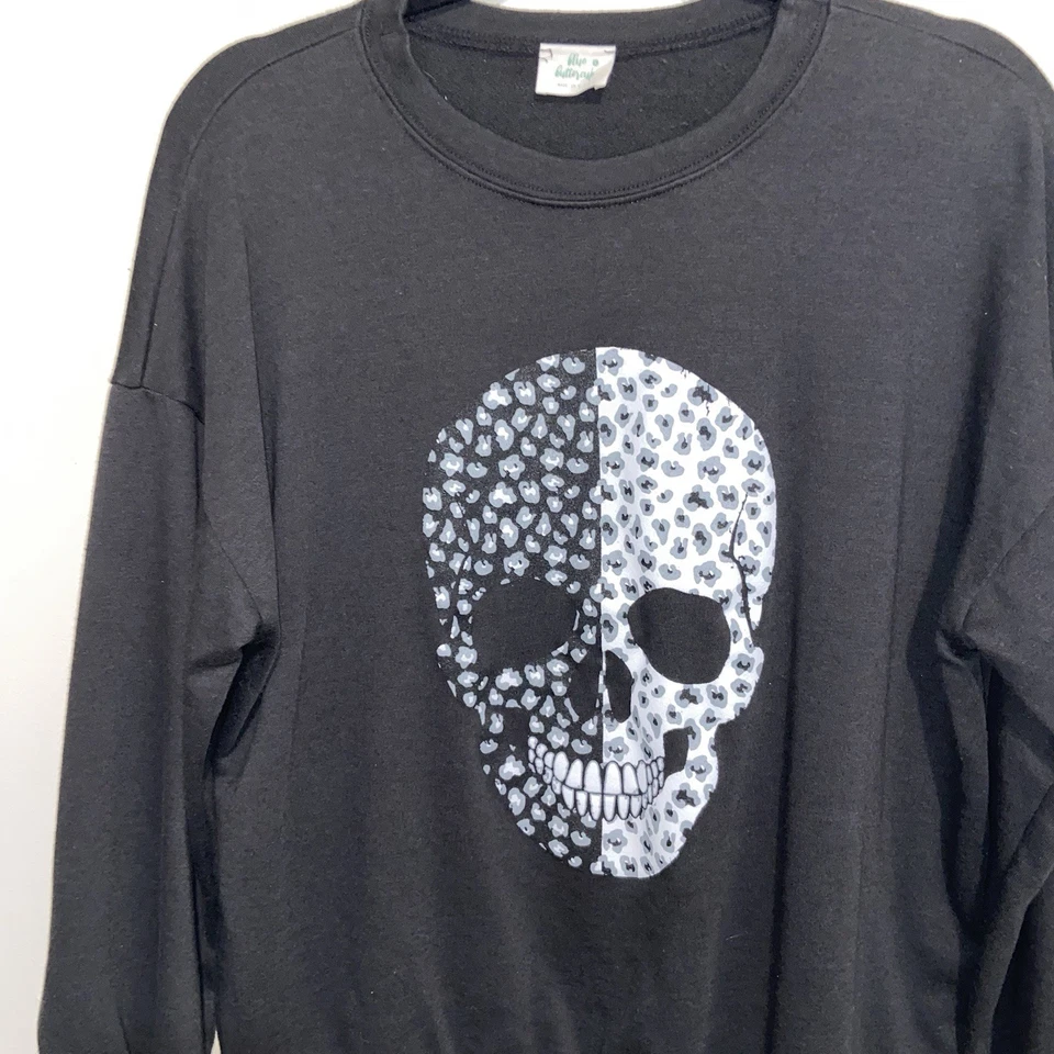 Blue Buttercup Sweatshirt Womens Small Black Skull Graphic Goth Oversized USA - Image 3 of 4