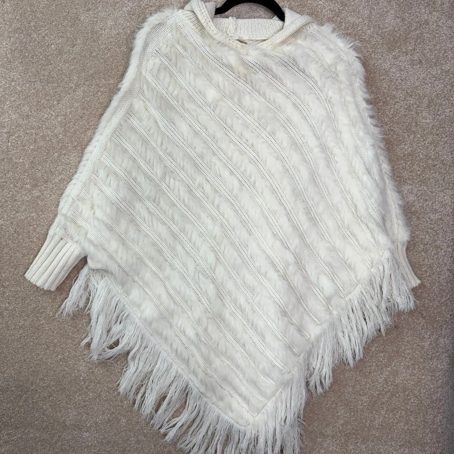 DONNA VINCI Fringe Poncho Sweater Women's Medium Rabbit Hair Boho Chic Luxury