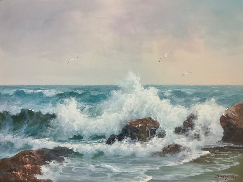 UNSTRETCHED Oil Painting Blue wave rocky seascape w/ seagulls,pretty oils 36x48”