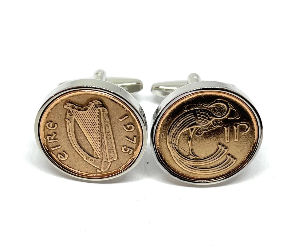 1975 Moeda Irlandesa Penny for Luck 50º Aniversário Abotoaduras Prata Plt Cabeças @ Caudas - Imagem 2 de 4