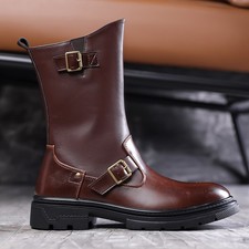 Mens Leather Mid Calf Ankle Boots Buckle Low Heel Riding Motorcycle Shoes Gothic