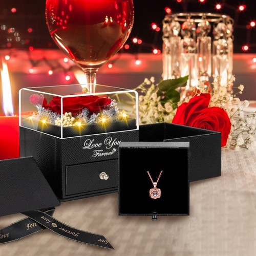 Mother's Day Birthday Gifts Necklace Her Girlfriend Wife Preserved Real Rose Box - Picture 1 of 13