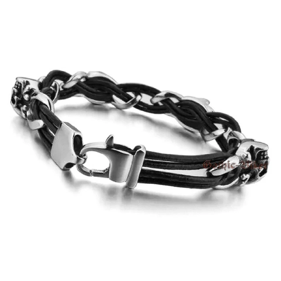 Brazalete Hombre Punk Motociclista Calaveras Cuero Genuino Acero Inoxidable Plateado 8.5" (L) Foto 3 de 4