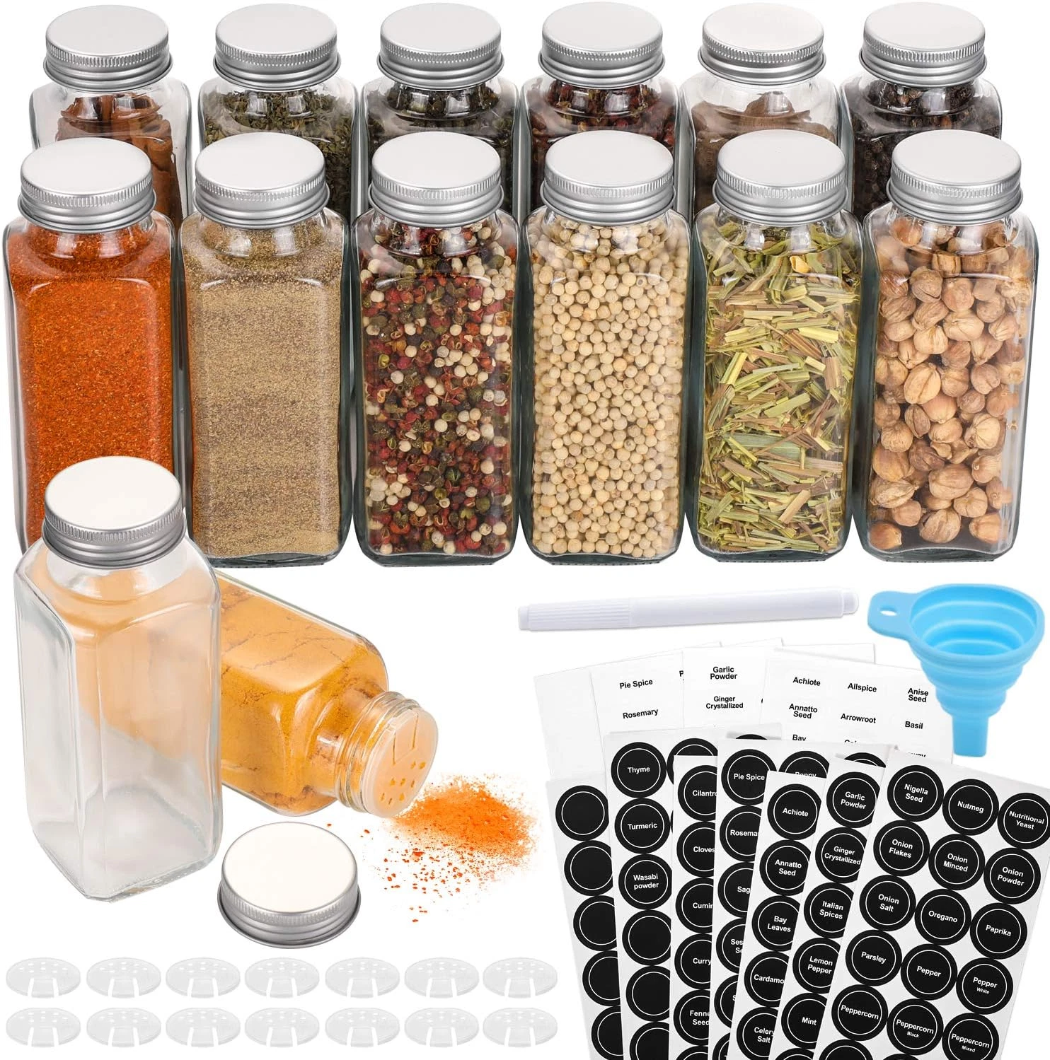 AOZITA 14 Pcs Glass Spice Jars with Spice Labels - 8Oz Empty Square Spice Bottle