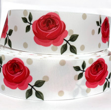 GROSGRAIN RIBBON 5/8", 7/8", 1.5", 3" Flowers Roses Mother's Day White Printed