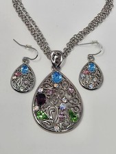 Silver Tone Multicolor Rhinestone Teardrop Pendant Necklace Earrings Set