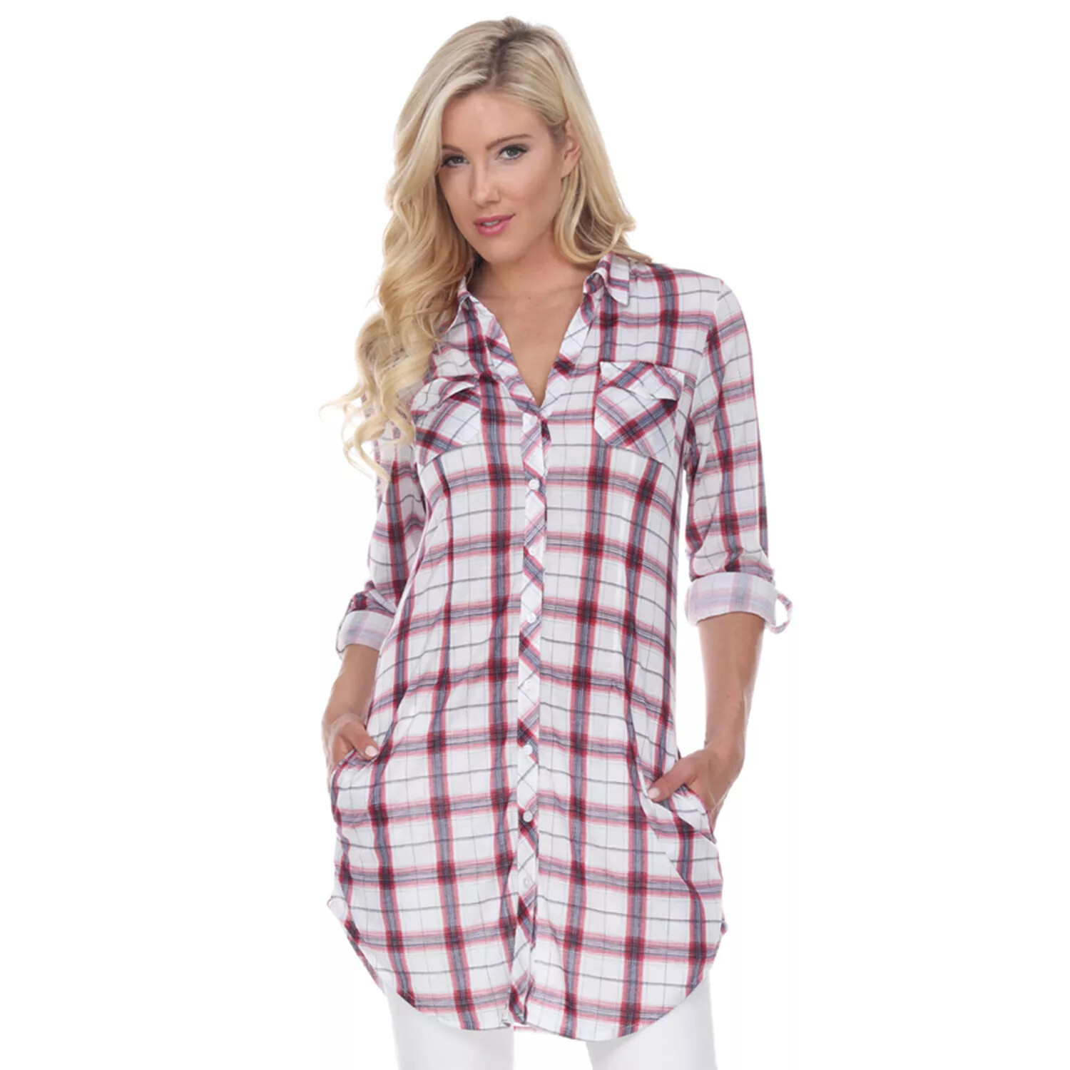 White Mark Women's Plaid Tunic Top (Red/White, Small) eBay