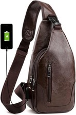 Peicees Leather Sling Bag Mens Crossbody Medium, Verticalzipper/Dark Brown