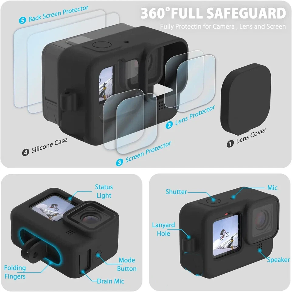 Black Silicone Case for GoPro Hero 12/11/10/9 Screen Protectors Lens Caps Kit - Image 2 of 4
