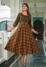 Women's Floral Pintucks Anarkali Kurta by YASH GALLERY, Green Cotton 48" Kurta,