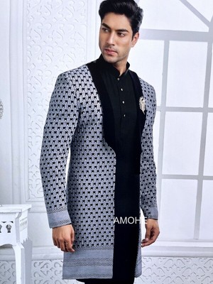 Indian Ethnic Heavy Embroidery Open Indowestern Suit wit Kurta Pajama Men Weddin