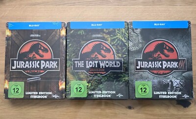 Jurassic Park 1-3 geprägte Steelbooks Blu Ray NEU OVP   