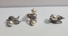 Vintage Diamonds, Pearls, 14 Kt Gold Ring And Earrings Set, Size 8, 16g
