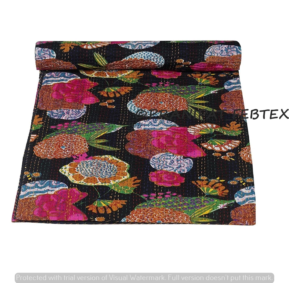 Colcha Indian Kantha Estampado Tropical Negra Queen Algodón Colcha Foto 2 de 4