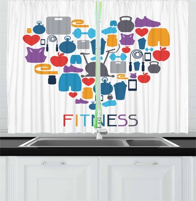 Fitness Quote Kitchen Curtains 2 Panel Set Window Drapes 55'' X 39'' Ambesonne