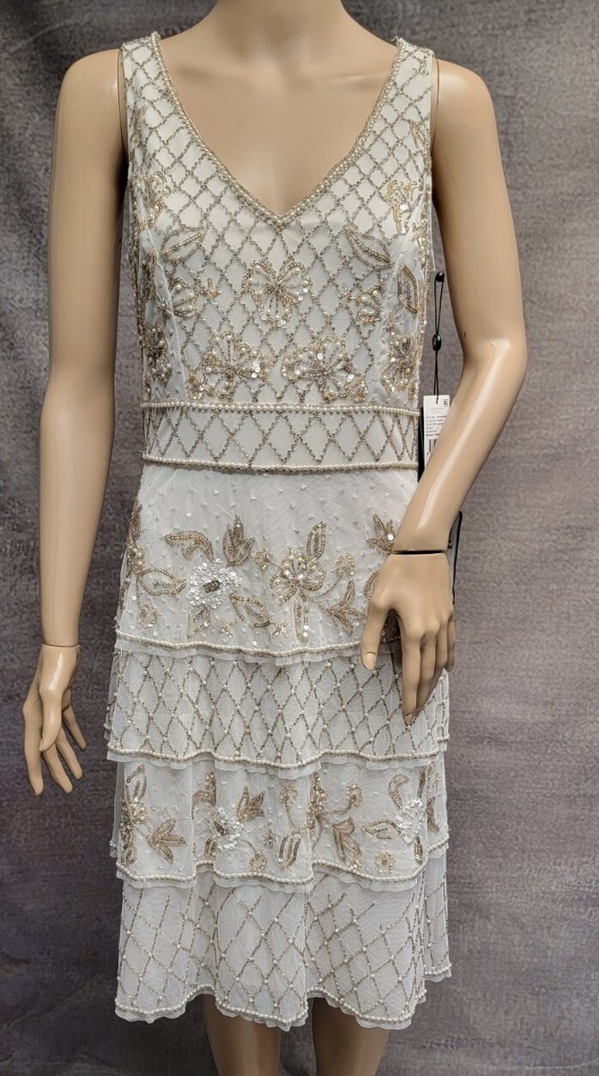 NWT ADRIANNA PAPELL $319 TAUPE IVORY BEADED PEARL SEQUIN TIERED