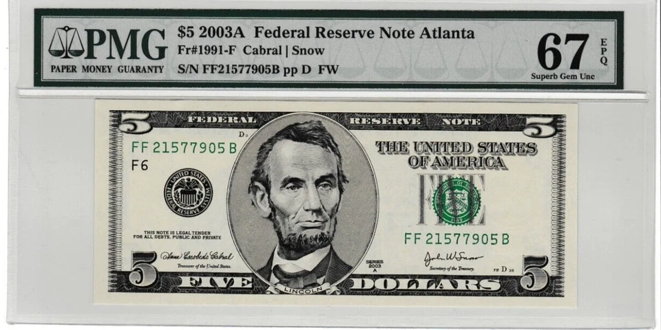$5 FIVE DOLLAR Federal Reserve Note Serial Numbers FF 21577905 B ATLANTA PMG 67 - Image 2 of 3