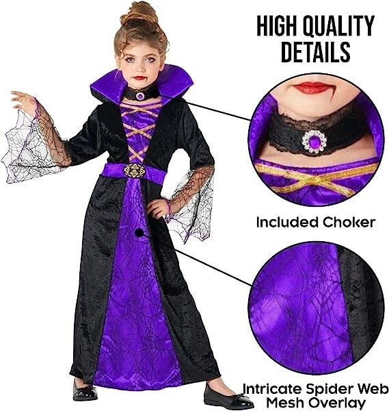 Disfraz de vampiro púrpura para niños Niñas Vestido de vampira Drácula Halloween 3-14 años Foto 4 de 4