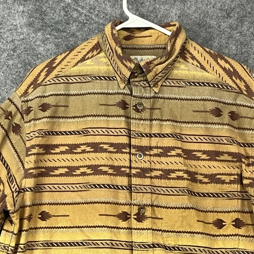 Cabellas Mens Flannel Shirt large Brown Print Aztec Southwestern Cowboy