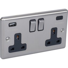 Brushed Stainless Steel Brushed Chrome Sockets and Switched USB Black Insert