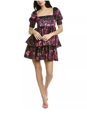 Alice + Olivia Womens Mini Dress Emmalou Stretch Cotton Tiered Sz 2 Black Pink
