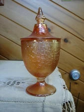 Jeannette Marigold 'Crackle' Candy Jar With Lid Carnival Glass 7 1/2" Tall VGC 