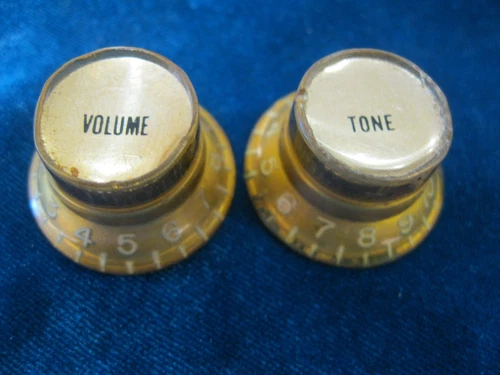 Two 60's 70's VINTAGE Gibson GOLD Reflector Cap Guitar Knobs VOL+TONE #2
