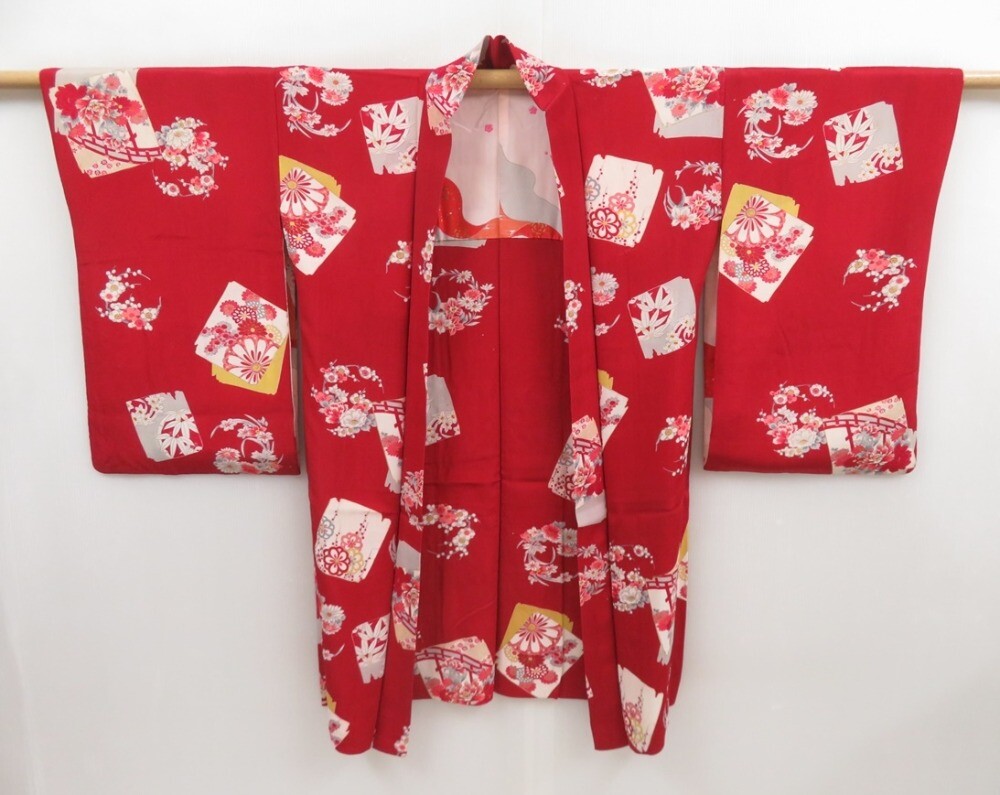 4922T13z500 Antique Japanese Kimono Silk HAORI Flowers Dark red | eBay