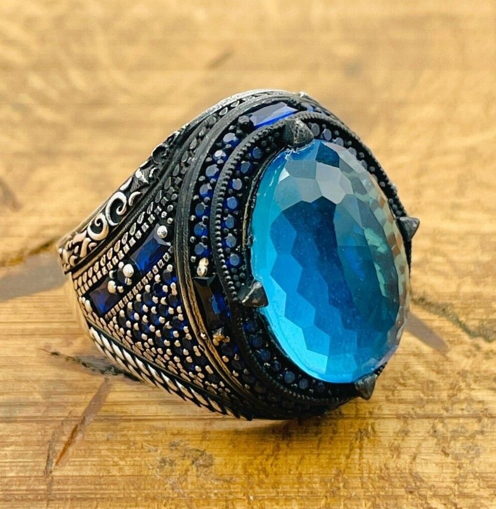 Mens Silver Ring, Blue Topaz Sapphire Stone Oval Ring, 925K Mens