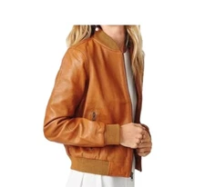 Women's Brown Tan Genuine Leather Soft Skin Bomber Moto Jacket Casual Wear Coat