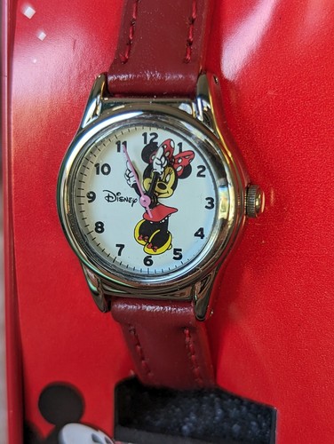 Disney Minnie Mouse Silver Tone Quartz Watch Red Leather Bands NIB