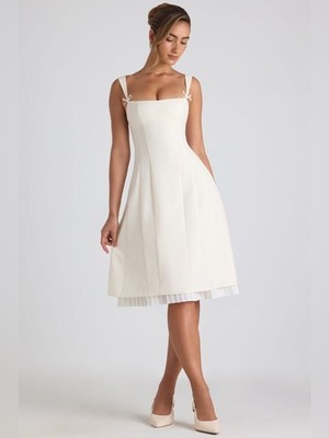 Oh Polly Isadora Bow Detail Pleated A-Line Midi Dress Ivory Size 4 NWT