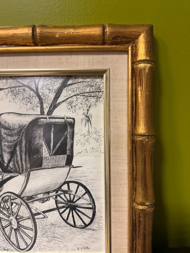 Vintage Horse Carriage Drawing Signed E Vidal Gold Wood Bamboo Style Gold Frame - Image 2 of 4