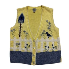 Koret Novelty Birdhouse Bird Fence Embroidered Vest Cotton Ramie Size M Vintage