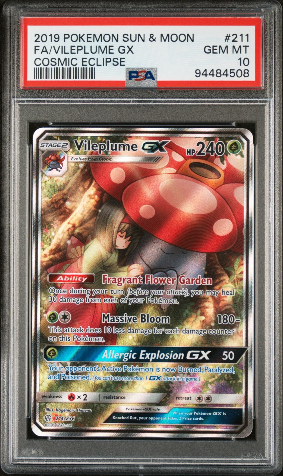 PSA 10 2019 POKEMON SUN & MOON COSMIC ECLIPSE 211 FA/VILEPLUME GX COSMIC ECLIPSE