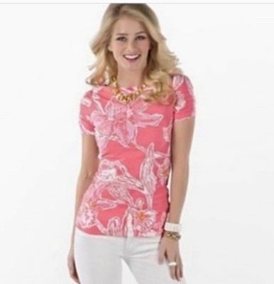 Lilly Pulitzer Lana Glamorous Life Pink White Floral Knit Short Sleeve L EUC
